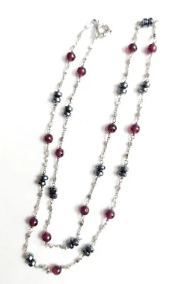 collana in argento 925 con granato rosso naturale da 3 mm, ematite,  lunga 45 Cm - Immagine 1 di 4