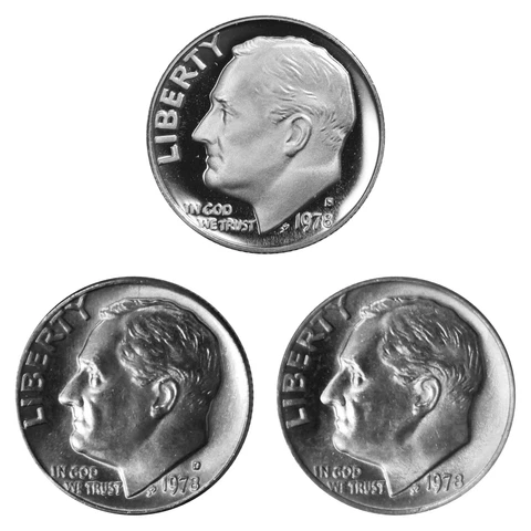 1978 P D S Roosevelt Dime 10c Year set Proof & BU US 3 Coin lot Cover