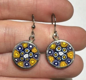 Vintage Italian Millefiori Blue Yellow Art Glass Silver 925 Bead Dangle Earrings - Picture 1 of 5