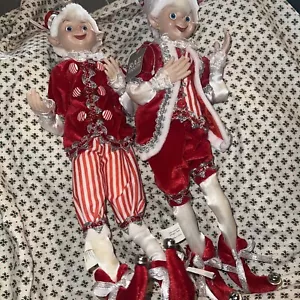Set/2 16" Pfefferminze Süßigkeitenstreifen Knie Umarmung Elf Retro Vntg Weihnachtsfigur - Bild 1 von 7