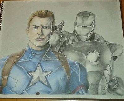 Dibujo original a lápiz color 14x17 del Capitán América y Iron Man/Guerra Civil Foto 1 de 3