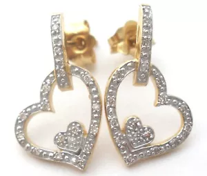Heart Diamond Earrings 14K Gold Yellow & White Gold Signed DDB Pierced Dangle - Picture 1 of 7