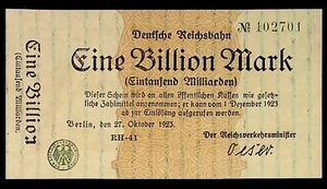 1923 Alemania BERLÍN REICHSBAHN 1 billón / 1.000.000.000.000 marcos UNC - Imagen 1 de 2