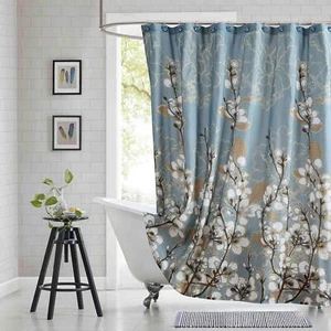 Blue Floral Shower Curtain 72x78" Long Plant Branch Gold Flower Border Print - Picture 1 of 5