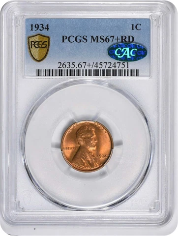 1934 Lincoln Cent MS67+RD PCGS (CAC) Cover