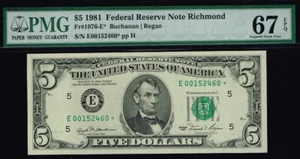 $5 1981 Richmond Star FRN. Fr. 1976-E*. GREAT EMBOSSING COMMENT. PMG 67 EPQ - Picture 1 of 3