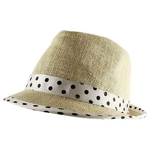 Linen Natural Fedora Polka Dot Trim Trilby Summer Beach Sun Straw Panama Hat