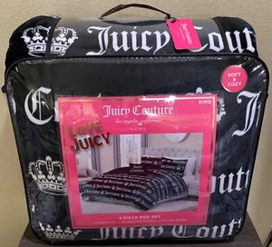 Juicy Couture schwarz Plüsch weiß Logos & Kronen 4p King Bettdecken-Set weich & gemütlich - Bild 1 von 4