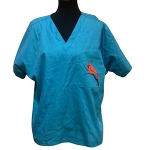 Hand Printed Upcycled Mens Medium Red Cardinal Bird Polycotton Scrub Top - Picture 1 of 3