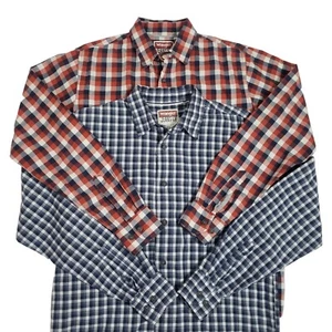 Lot of 2 Wrangler Mens Small Button Up Shirts Plaid Cotton Long Sleeve Blue Red - Picture 1 of 11