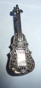 Vintage 925 Cello Brosche schöne Patina funkelnder Markasit Strass - Bild 1 von 16