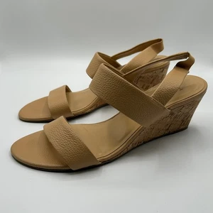 Talbots Wedge Sandals Tan Leather Cork Heel Slingback Casual Shoes Womens Sz 11M - Picture 1 of 10