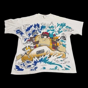 Vintage 1995 Looney Tunes Adventure Team Rafting Big Print Shirt Men's 2XL Flaws - Picture 1 of 13