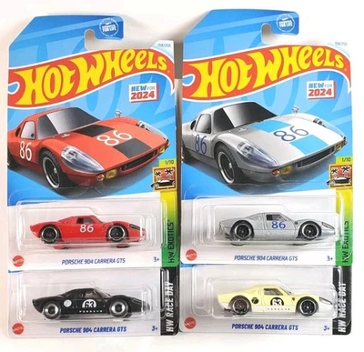 Лот из 4 автомобилей Hot Wheels Porsche 904 Carrera GTS красное серебро 2024 желтый черный 2025 - Изображение 1 из 4