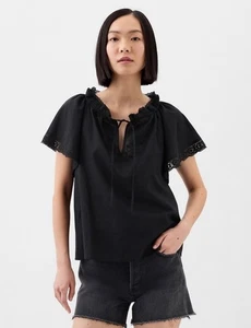 NWT GAP Split Neck Lace Trim Top XXL 20 Black Short Flutter Sleeve Cotton Blouse - Picture 1 of 14