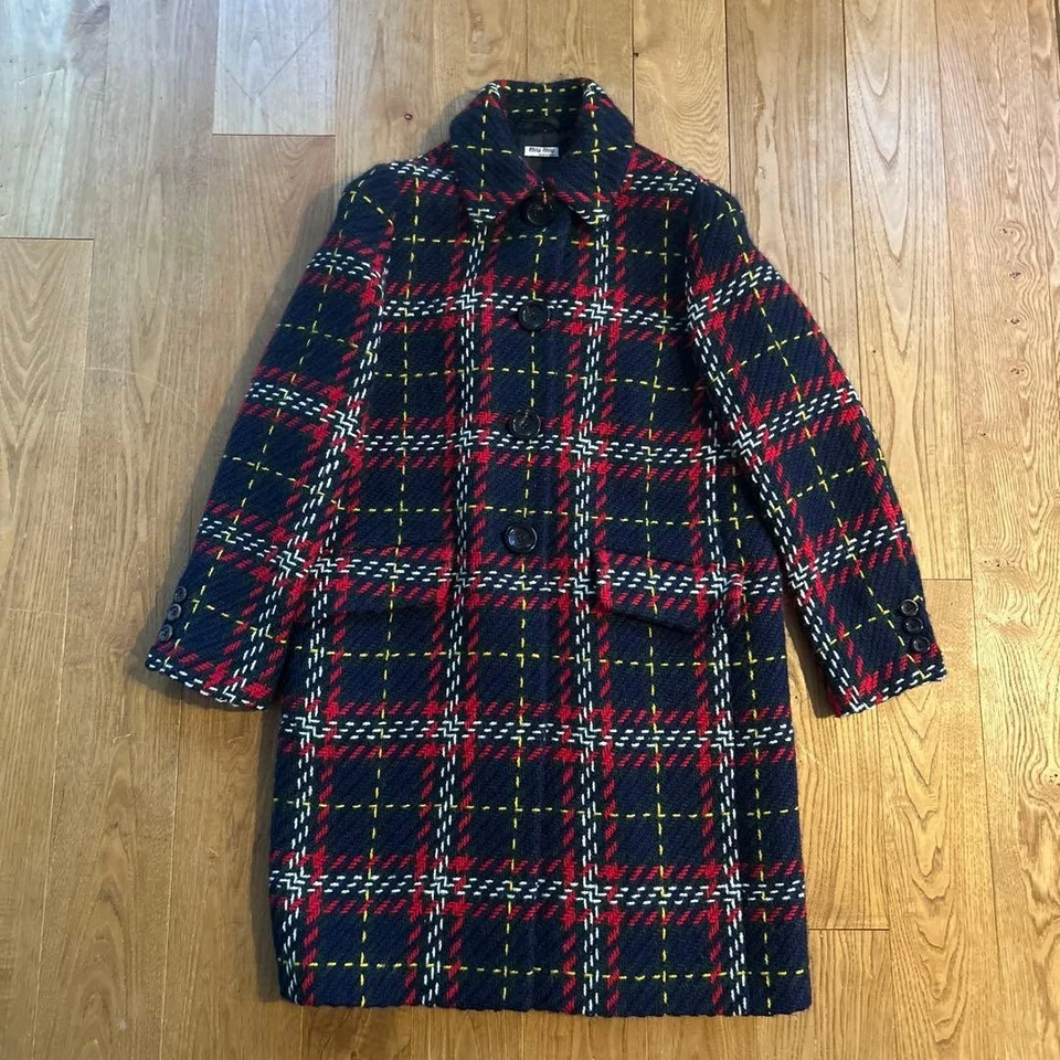 Abrigo Largo MIU MIU Talla 38 Patrón a Cuadros Mezcla Lana Azul Marino Rojo Blanco Amarillo Foto 1 de 4