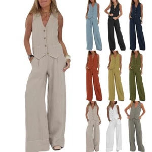 2Pcs Womens Tank Tops Wide Legs Pants Linen Cotton Set Suits Summer Outfits SIZE - Picture 1 of 31