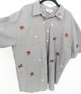 Teddi Shirt Womens 1X Black Checkered Dogs Animal Lover Button Up Top Mature Vet - Picture 1 of 8