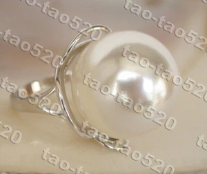 AAA adjustable 20mm round white south sea shell pearls Rings 925 silver k848 - Picture 1 of 3