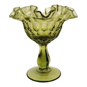 Fenton Green Glass Thumbprint Compote Ruffled Rim Pedestal Candy Dish Vintage - Picture 1 of 5