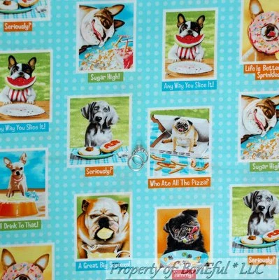 BonEful Fabric FQ Cotton Quilt Blue B&W Pug Dog Puppy Block Small Breed Food Dot - Image 1 of 4