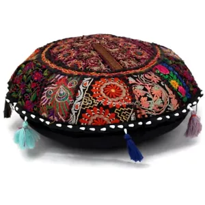 Black Round Dog Pillow 18 in Patchwork Vintage Floor Pillow Covers Pouf - Picture 1 of 7