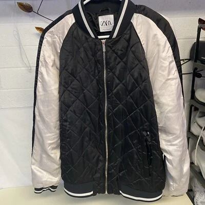 Zara Mans Bomber Satin Silky Glanz Jacket Nylon Shiny Black White XL - Image 1 of 4