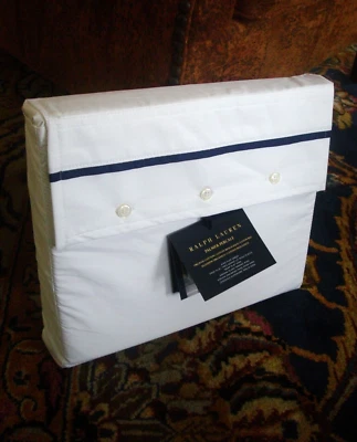 NEW Ralph Lauren Palmer Percale Organic Cotton KING Flat Sheet WHITE/Harbor Blue - Image 1 of 4