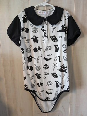 Little For Big Halloween Print Bodysuit Size Small Collar Candy Ghosts Black Cat - Image 1 of 4