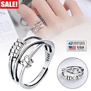 925 Sterling Silver Anxiety Ring Anti-Anxiety Ring w/ Beads Adjustable Rotating - Picture 1 of 12