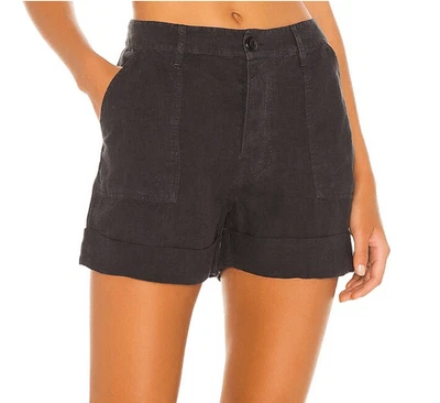 ¡NUEVO! Pantalones Cortos FRAME Le Beau Lino Lavado Negro Bolsillos Botón Mosca Talla XS Foto 1 de 4