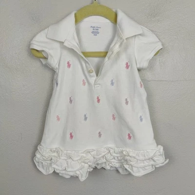 Ralph Lauren White Polo Dress Baby Girl 9M Multicolor Pony Ruffle Hem Infant - Image 1 of 4