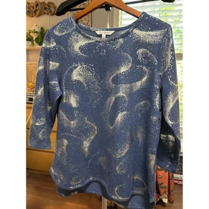 EMILY DANIELS Strickoberteil blau silber Swirl Print 3/4 Arm Damen Größe L - Bild 1 von 3