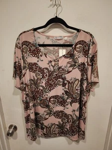 Top Notations nuovo con etichette rosa stampa paisley elasticizzato Kint manica corta 3X estivo casual - Foto 1 di 8