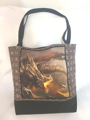 Large Dragon Knight Print Tote Beach Laundry Weekend Bag Cotton Lined OOAK  - Image 1 of 4