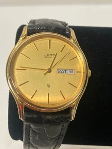 Citizen 6100-S20269 Mens Day/Date Gold Tone Black Band Watch (Working) - Picture 1 of 7