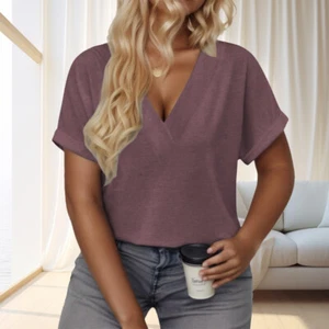 Women's Plus Size V Neck Casual T Shirts Rolled Short Sleeve Trendy Loose Tees - Picture 1 of 13