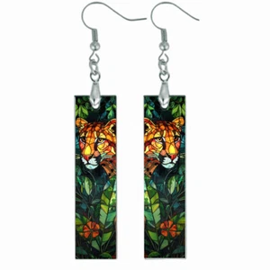 Jungle Cougar Faux Stained Glass Art Print Dangle Wood Bar Earrings - Picture 1 of 5