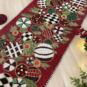 Handmade Christmas table runner, beaded runner, multi color, 13x36inch - Picture 1 of 7