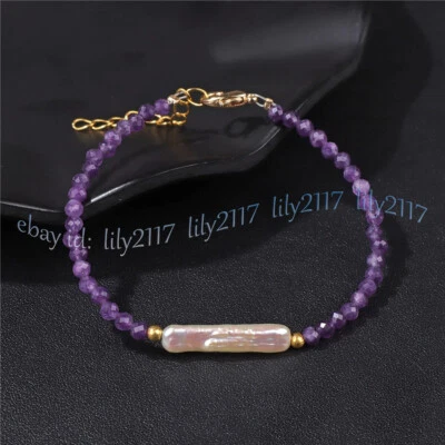 Brazalete de perlas Biwa blancas con cuentas redondas de amatista natural facetadas de 3 mm 7,5"" Foto 1 de 4