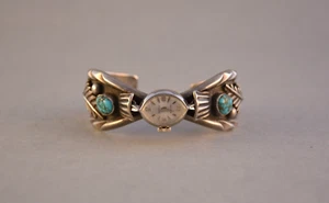 Old Pawn Navajo Silver Turquoise Ladies Watch Bracelet - Waltham Watch - 6 1/8" - Picture 1 of 5