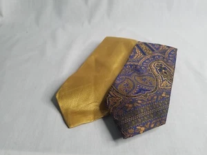 Pair Of Lands End Mens Ties Blue & Gold 100% silk hand sewn made in USA - Picture 1 of 7