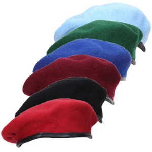 Men PU Leather Trim Wool Blend Beret Hat Adjustable Army Military Style Cap - Picture 1 of 28