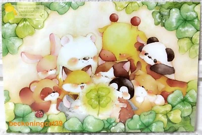 Tarjeta postal Komati Animal Friends perro gato conejo trébol tarjeta de felicitación HECHA EN JAPÓN Foto 1 de 2