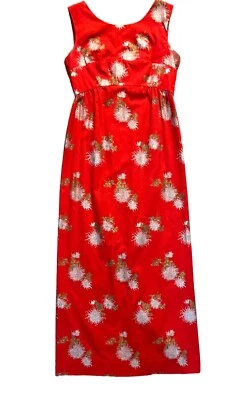Maxi Vestido De Colección Años 60 Alfred Shaheen 10 12 Vestido de Anfitriona Rojo Watteau Cabo Hawaiano Foto 1 de 4