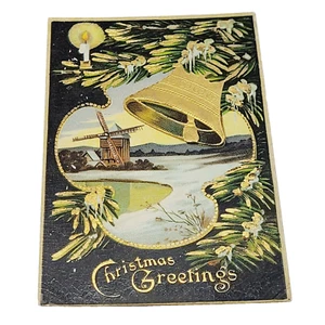 Christmas Greetings Windmill Country Gold Bell Candle Pine 1910s Postcard Used - Picture 1 of 9