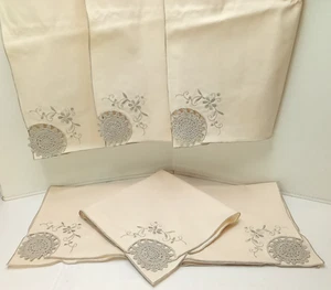 Lot-6 Vintage Luncheon Napkins Beige/Grey MachineSewn Lace Cutwork Embroidery  - Picture 1 of 8