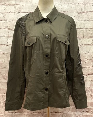 Chaqueta Chico’s 3 Encaje Bordado Adornado Apliques Utilidad Verde Ejército 16/18 Foto 1 de 4