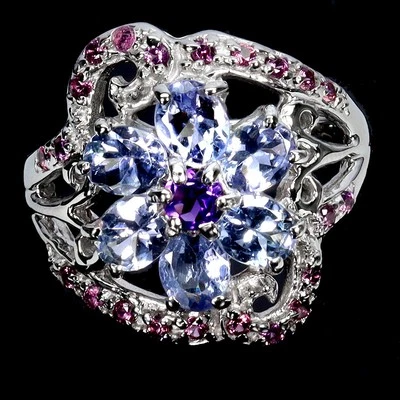 Anello In Argento Sterling 925 Ovale Tanzanite Ametista Rodolite Gioielli Taglia - Immagine 1 di 4