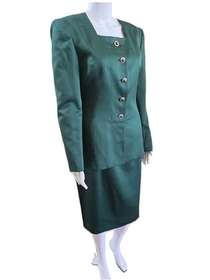 Vintage KTF Kristinn Steinarr Skirt Suit Size 6 Green Satin Church Suit NWT $200 - Image 1 of 4